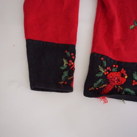 Vintage Tiara Intl Red Black Holly Cardinal Mistletoe Zip Up Christmas Sweater L - Picture 7 of 10